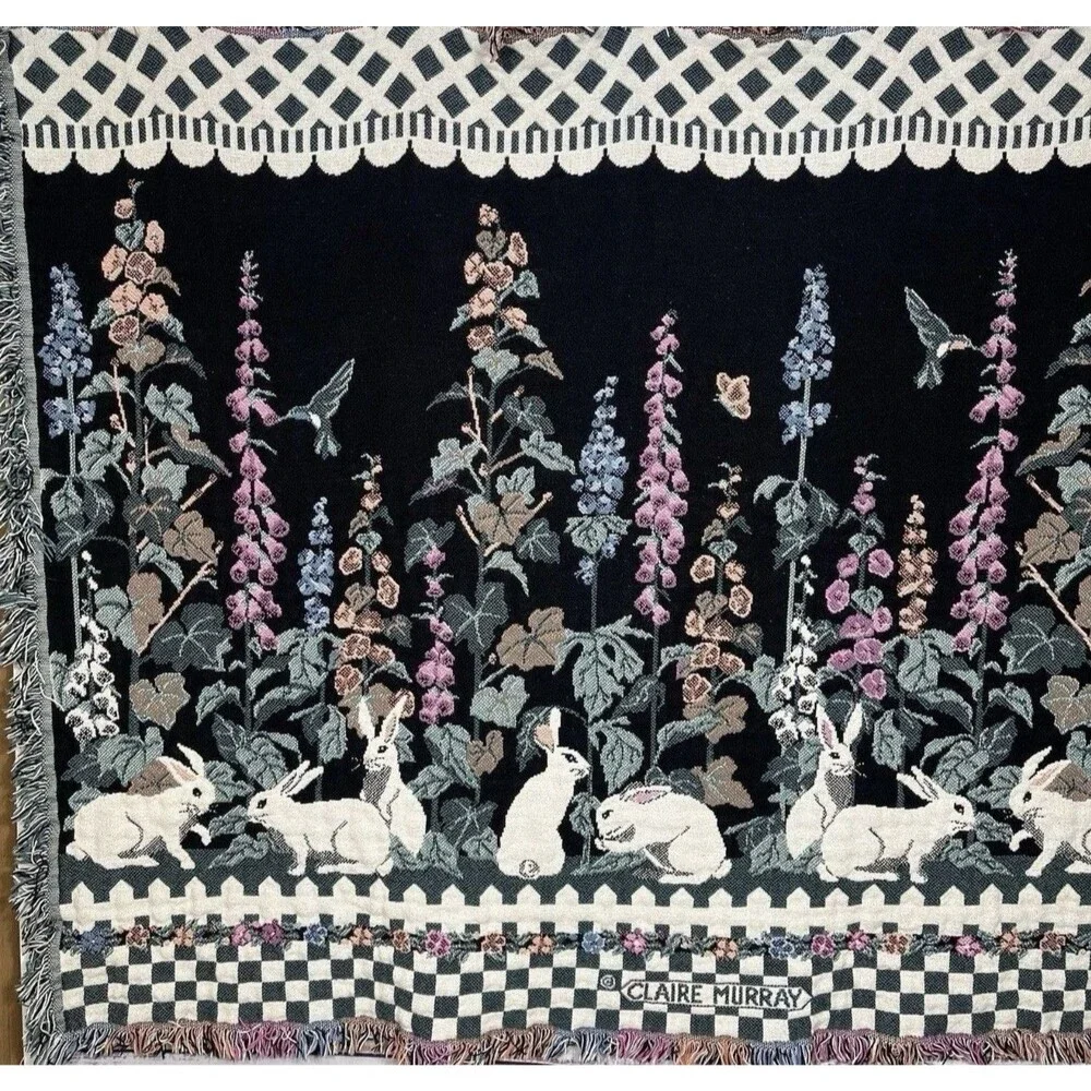 Vtg Claire Murray Foxglove Weavers Tapestry Blanket Throw Garden Bunnies Rabbit